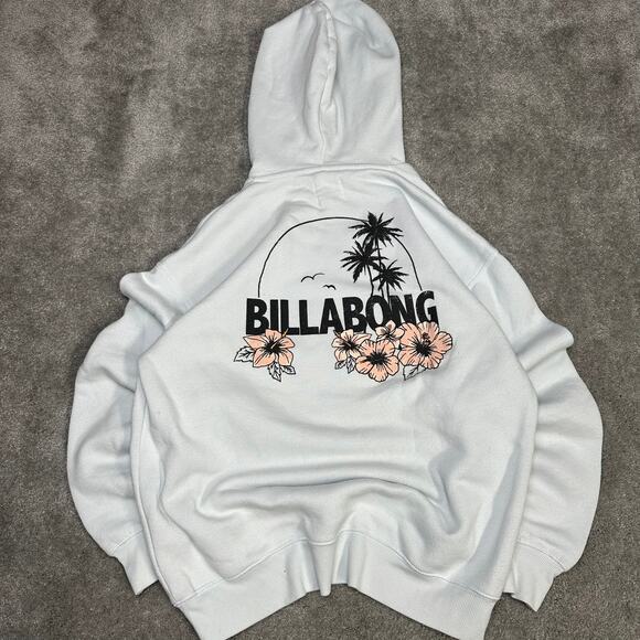 Billabong White Graphic Hoodie Size Large Y2K Surfwear 2000s Graphic Skater - Picture 1 of 7